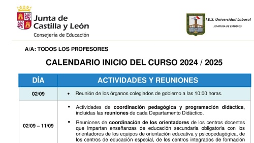 imagen principal ATENCIÓN PROFESORES. Calendario de inicio de curso