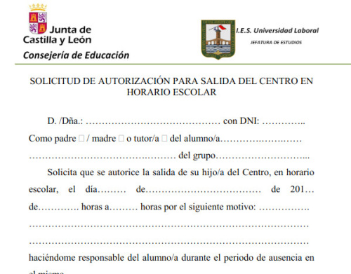 Solicitud para ausentarse del centro en horario lectivo